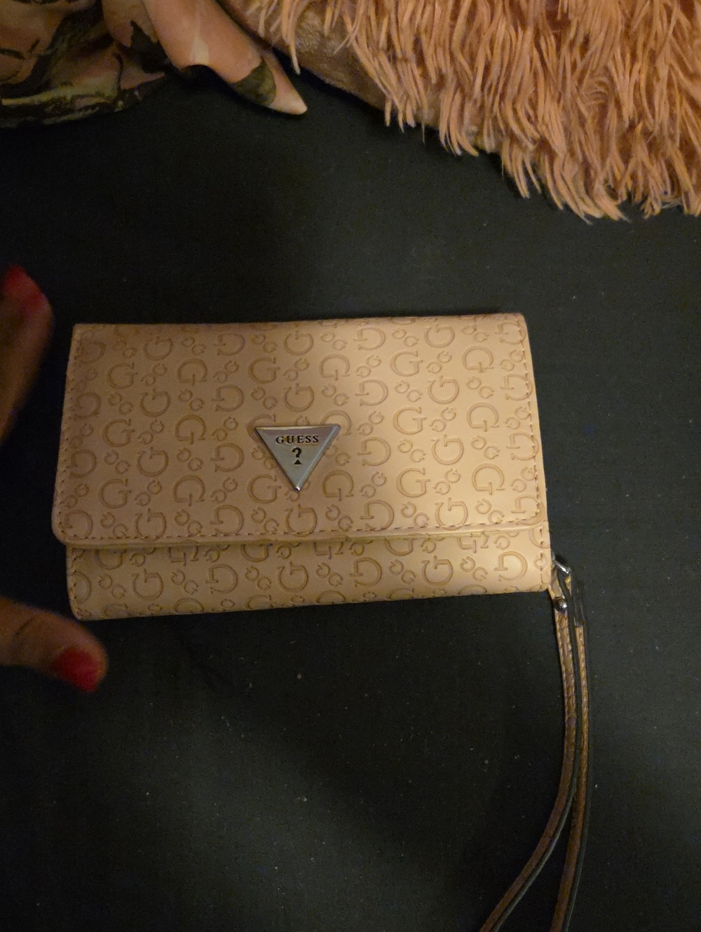GUESS Beige Logo Wristlet Clutch with Triangle Emblem